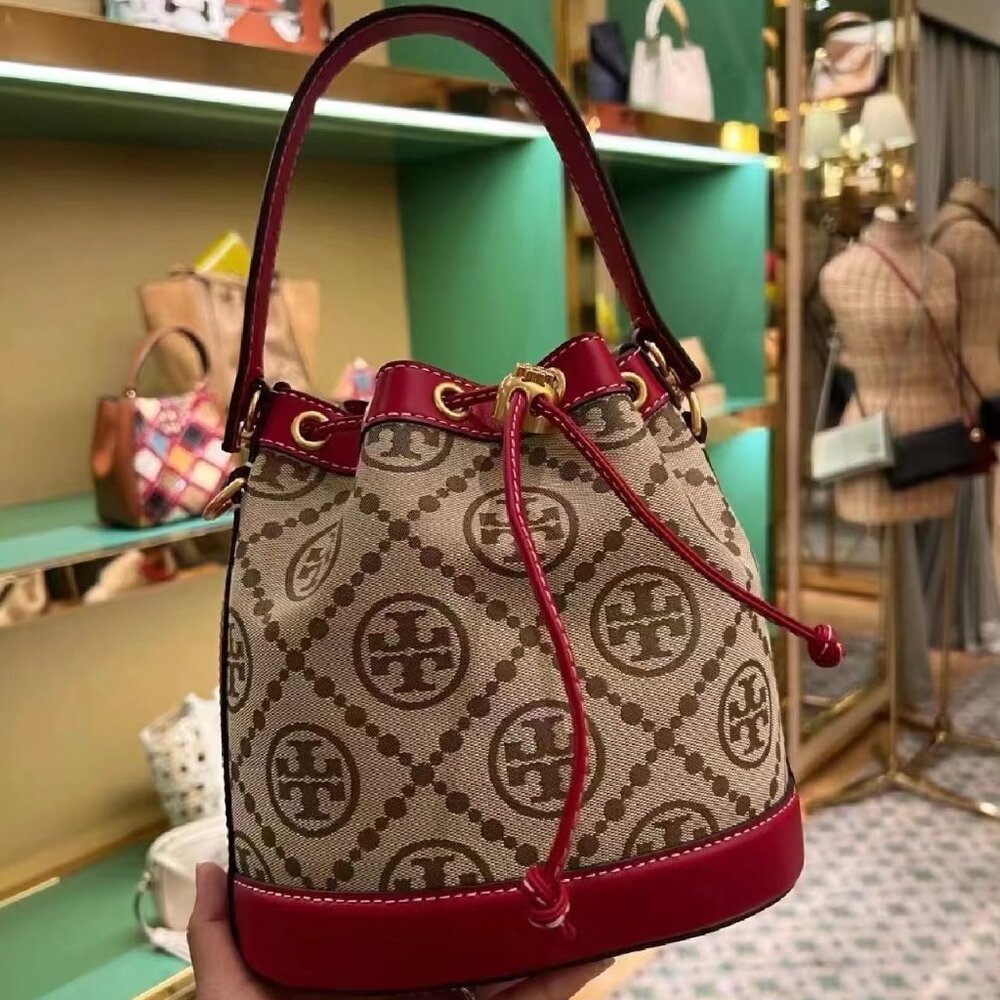 Tory Burch T Monogram Jacquard Bucket Bag Hazelnut/Tory Red
